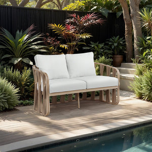 Meridian Furniture San Pietro Art Deco Outdoor Loveseat Woven Rope Aluminum Frame Olefin Fabric Patio Seating Cream 55005Cream-L