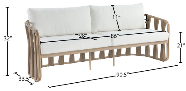 Meridian Furniture San Pietro Outdoor Patio Sofa with Rope Accents Uv Resistant Olefin Art Deco Three Seat Cream 55005Cream-S