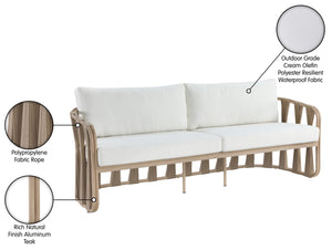 Meridian Furniture San Pietro Outdoor Patio Sofa with Rope Accents Uv Resistant Olefin Art Deco Three Seat Cream 55005Cream-S