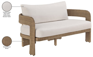 Meridian Furniture Sandbay Outdoor Wicker Loveseat with Olefin Cushions for Resort Style Patio Lounging Beige 55006Beige-L