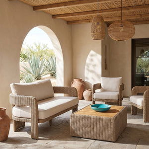 Meridian Furniture Sandbay Outdoor Wicker Loveseat with Olefin Cushions for Resort Style Patio Lounging Beige 55006Beige-L