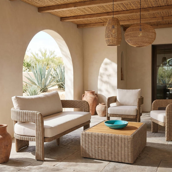 Meridian Furniture Sandbay Outdoor Wicker Loveseat with Olefin Cushions for Resort Style Patio Lounging Beige 55006Beige-L