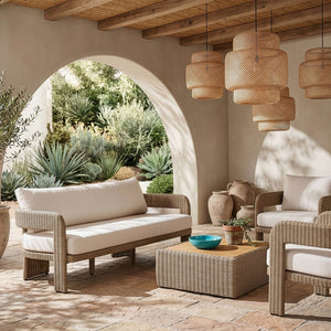 Meridian Furniture Sandbay Outdoor Wicker Patio Sofa with Rust Proof Frame and Uv Resistant Olefin Cushions Beige 55006Beige-S