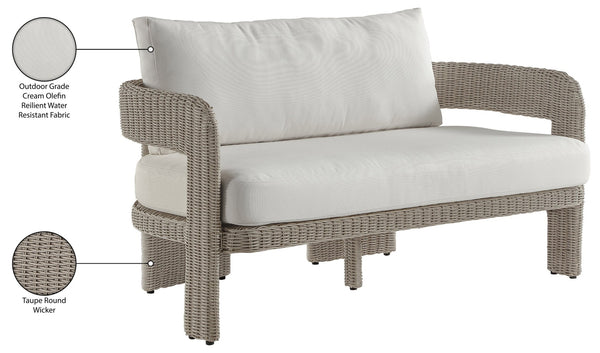 Meridian Furniture Sandbay Outdoor Wicker Loveseat with Olefin Cushions for Resort Style Patio Lounging Cream 55007Cream-L