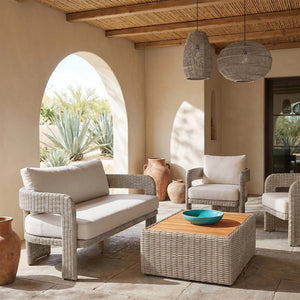 Meridian Furniture Sandbay Outdoor Wicker Loveseat with Olefin Cushions for Resort Style Patio Lounging Cream 55007Cream-L