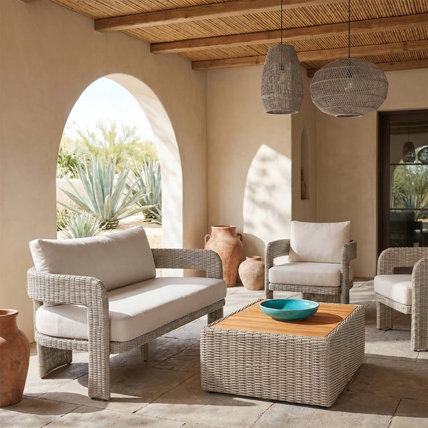 Meridian Furniture Sandbay Outdoor Wicker Loveseat with Olefin Cushions for Resort Style Patio Lounging Cream 55007Cream-L