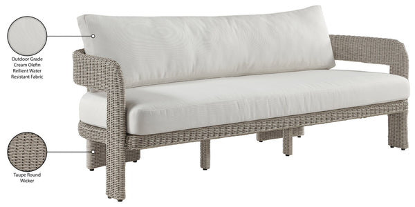 Meridian Furniture Sandbay Outdoor Wicker Patio Sofa with Rust Proof Frame and Uv Resistant Olefin Cushions Cream 55007Cream-S