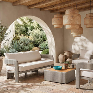Meridian Furniture Sandbay Outdoor Wicker Patio Sofa with Rust Proof Frame and Uv Resistant Olefin Cushions Cream 55007Cream-S