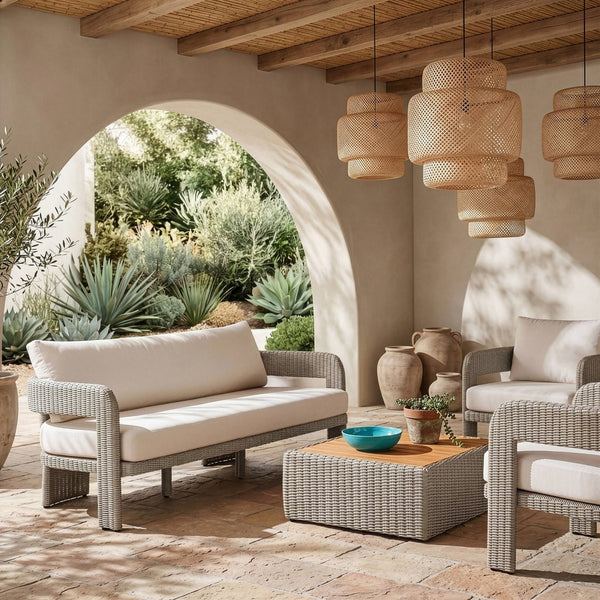 Meridian Furniture Sandbay Outdoor Wicker Patio Sofa with Rust Proof Frame and Uv Resistant Olefin Cushions Cream 55007Cream-S