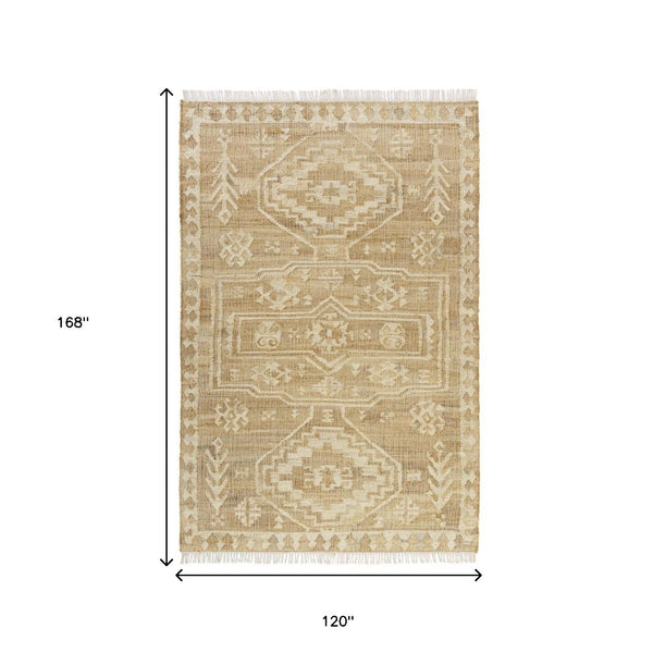 Homeroots 10' X 14' Natural And Ivory Medallion Hand Woven Area Rug  Jute 550081