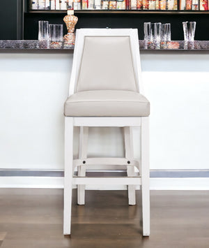 Homeroots 31" Gray And White Faux Leather And Solid Wood Bar Height Swivel Bar Chair   550090