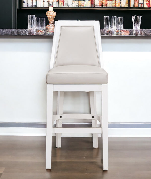 Homeroots 31" Gray And White Faux Leather And Solid Wood Bar Height Swivel Bar Chair   550090