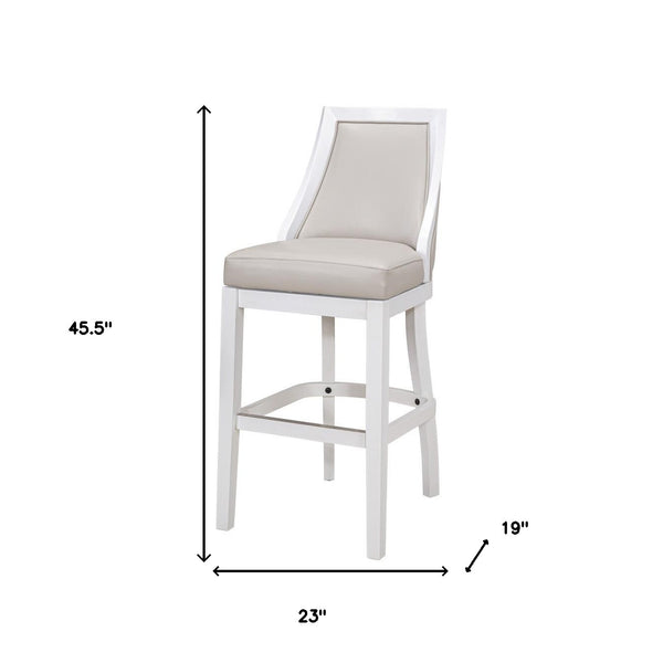 Homeroots 31" Gray And White Faux Leather And Solid Wood Bar Height Swivel Bar Chair   550090