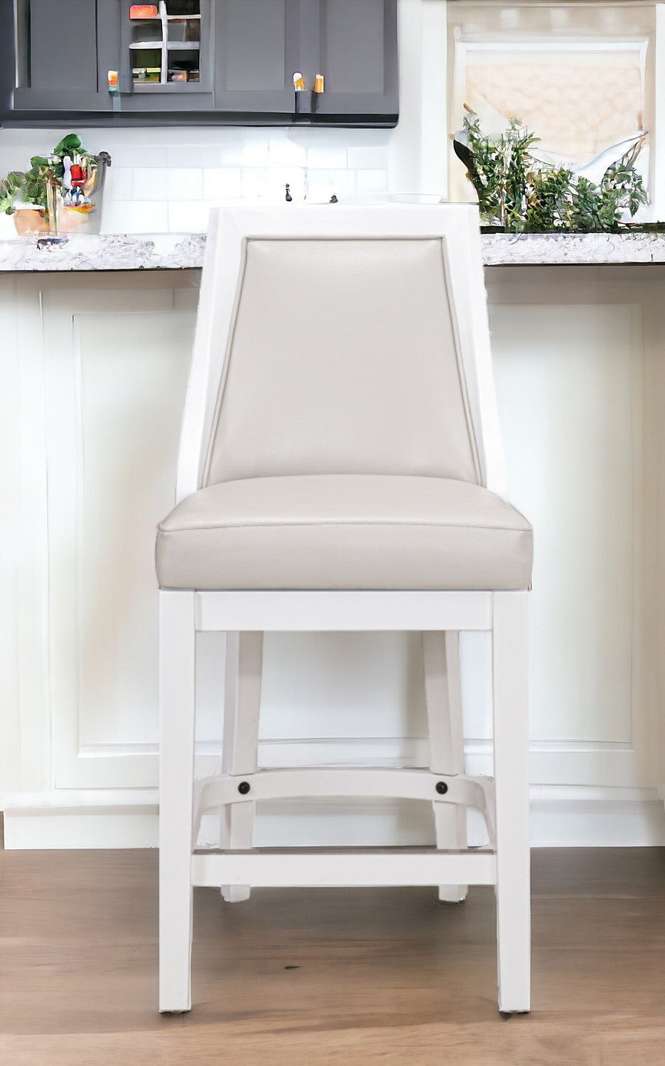 Homeroots 26" Gray And White Faux Leather And Solid Wood Counter Height Swivel Bar Chair   550091