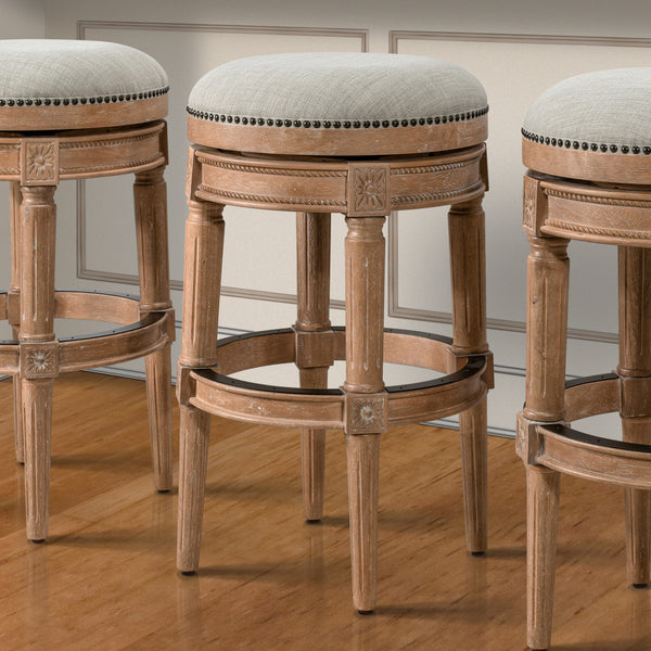 Homeroots 31" Beige And Natural Solid Wood Swivel Backless Bar Height Bar Chair   550093