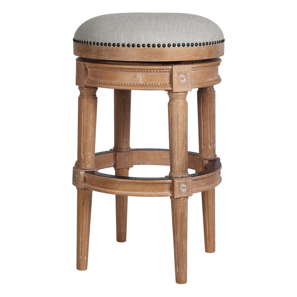 Homeroots 31" Beige And Natural Solid Wood Swivel Backless Bar Height Bar Chair   550093