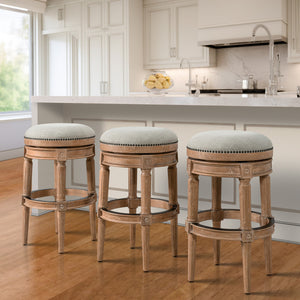 Homeroots 31" Beige And Natural Solid Wood Swivel Backless Bar Height Bar Chair   550093