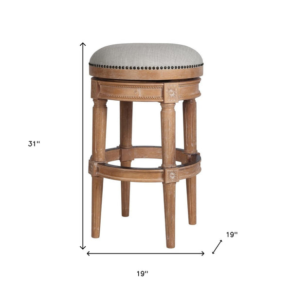 Homeroots 31" Beige And Natural Solid Wood Swivel Backless Bar Height Bar Chair   550093