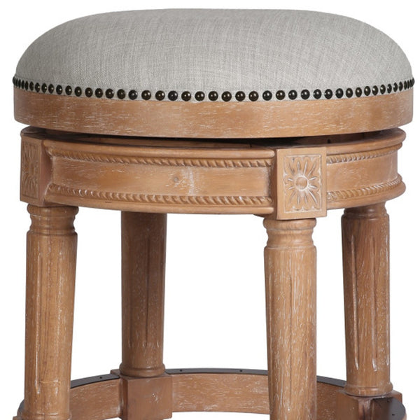 Homeroots 31" Beige And Natural Solid Wood Swivel Backless Bar Height Bar Chair   550093