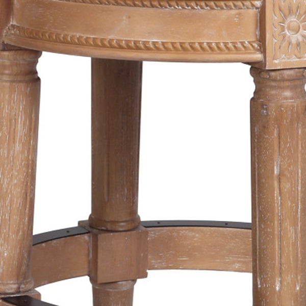 Homeroots 26" Beige And Natural Solid Wood Swivel Backless Counter Height Bar Chair   550095