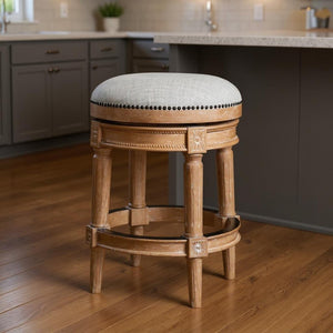 HomeRoots 26" Beige Linen Upholstered Swivel Bar Stool - Rustic Solid Wood Frame for Kitchen & Home Bar 550095