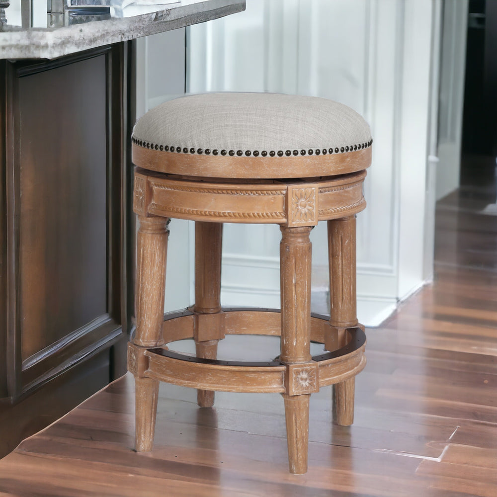 Homeroots 26" Beige And Natural Solid Wood Swivel Backless Counter Height Bar Chair   550095