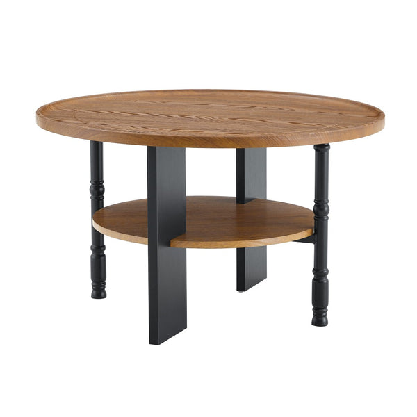 English Elm 2-piece Round Coffee and Side Table Set Walnut Grain Storage Shelf Living Room W1151P433331