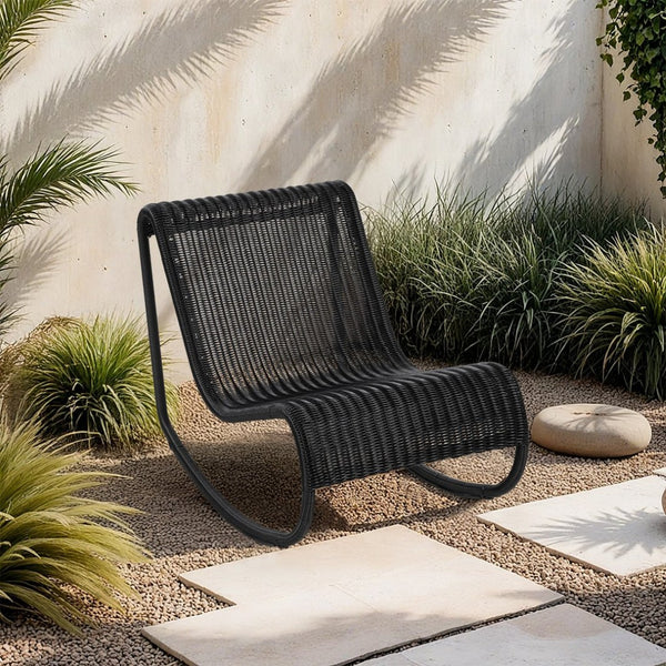 Meridian Furniture Antigua All-weather Wicker Outdoor Rocking Chair with Steel Frame for Porch and Patio Black 55011Black