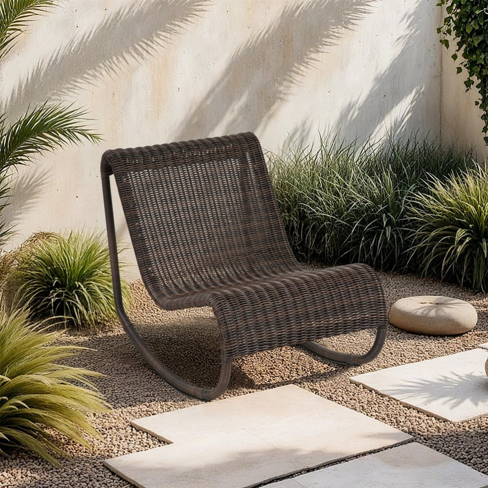 Meridian Furniture Antigua All-weather Wicker Outdoor Rocking Chair with Steel Frame for Porch and Patio Brown 55011Brown