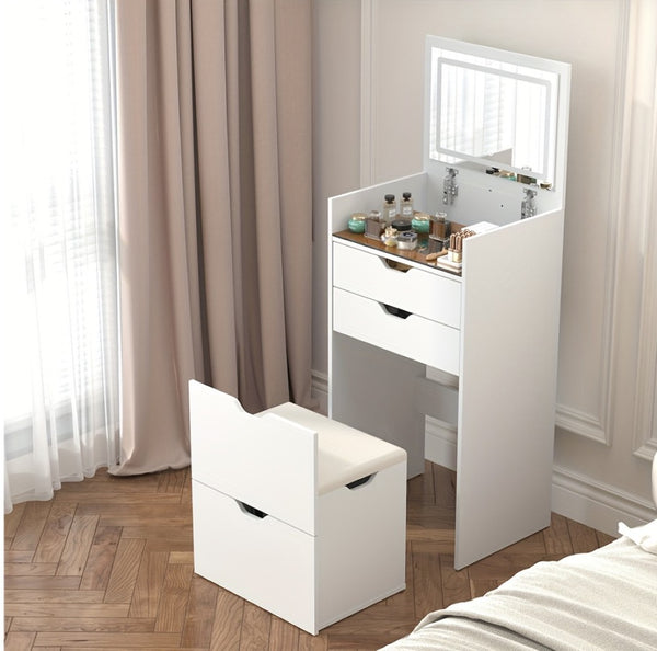 English Elm Dressing Table Set with Led Lit Flip Mirror Hidden Stool and Dual Drawers for Small Spaces W5252P447369