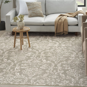 Homeroots 5' X 7' Olive Green And Ivory Damask Distressed Non Skid Area Rug  Polypropylene 550137
