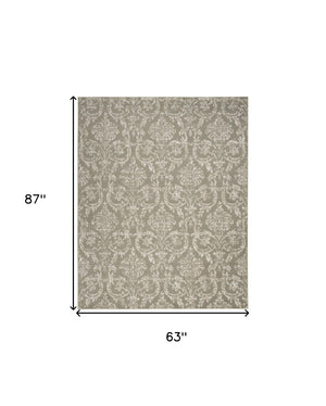 Homeroots 5' X 7' Olive Green And Ivory Damask Distressed Non Skid Area Rug  Polypropylene 550137