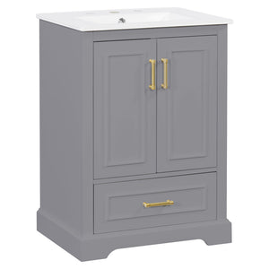 English Elm 24"bathroom Vanity Freestanding Gray Mdf Ceramic Sink Soft Close Storage Cabinet N729P321378E