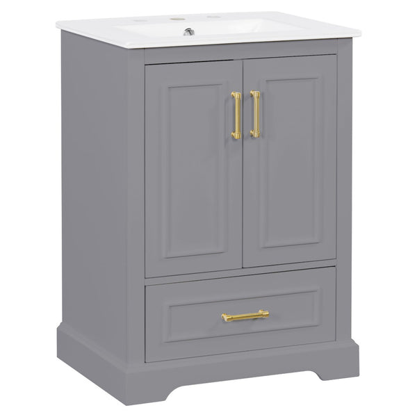 English Elm 24"bathroom Vanity Freestanding Gray Mdf Ceramic Sink Soft Close Storage Cabinet N729P321378E