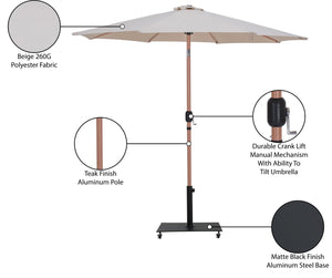 Meridian Furniture Fiji Outdoor Patio Umbrella with Teak Pole Beige Polyester Canopy and Wheeled Base 55014Beige-AB
