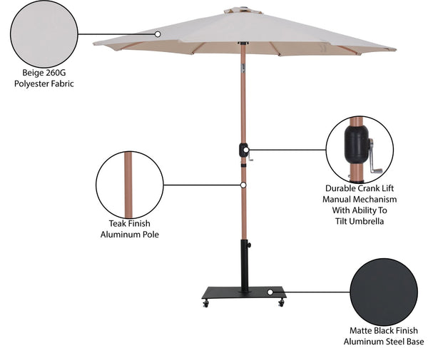 Meridian Furniture Fiji Outdoor Patio Umbrella with Teak Pole Beige Polyester Canopy and Wheeled Base 55014Beige-AB