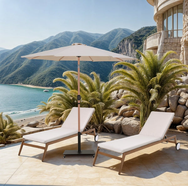 Meridian Furniture Fiji Outdoor Patio Umbrella with Teak Pole Beige Polyester Canopy and Wheeled Base 55014Beige-AB