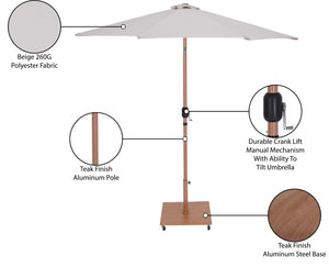 Meridian Furniture Fiji Outdoor Patio Umbrella Set with Wheeled Base Teak Pole and Water Resistant Canopy 55014Beige-AT