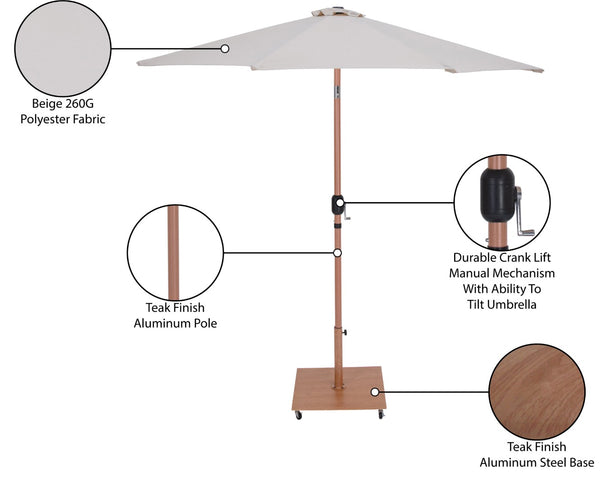 Meridian Furniture Fiji Outdoor Patio Umbrella Set with Wheeled Base Teak Pole and Water Resistant Canopy 55014Beige-AT