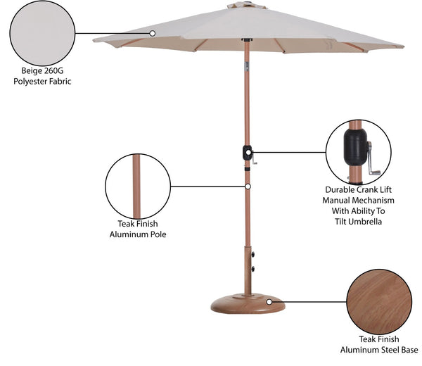 Meridian Furniture Fiji Outdoor Patio Umbrella with Base Teak Pole Water Resistant Uv Canopy 55014Beige-BT