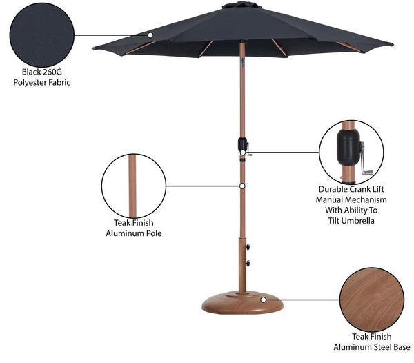 Meridian Furniture Fiji Outdoor Patio Umbrella with Base Water Resistant Polyester Canopy Teak Pole 55014Black-BT