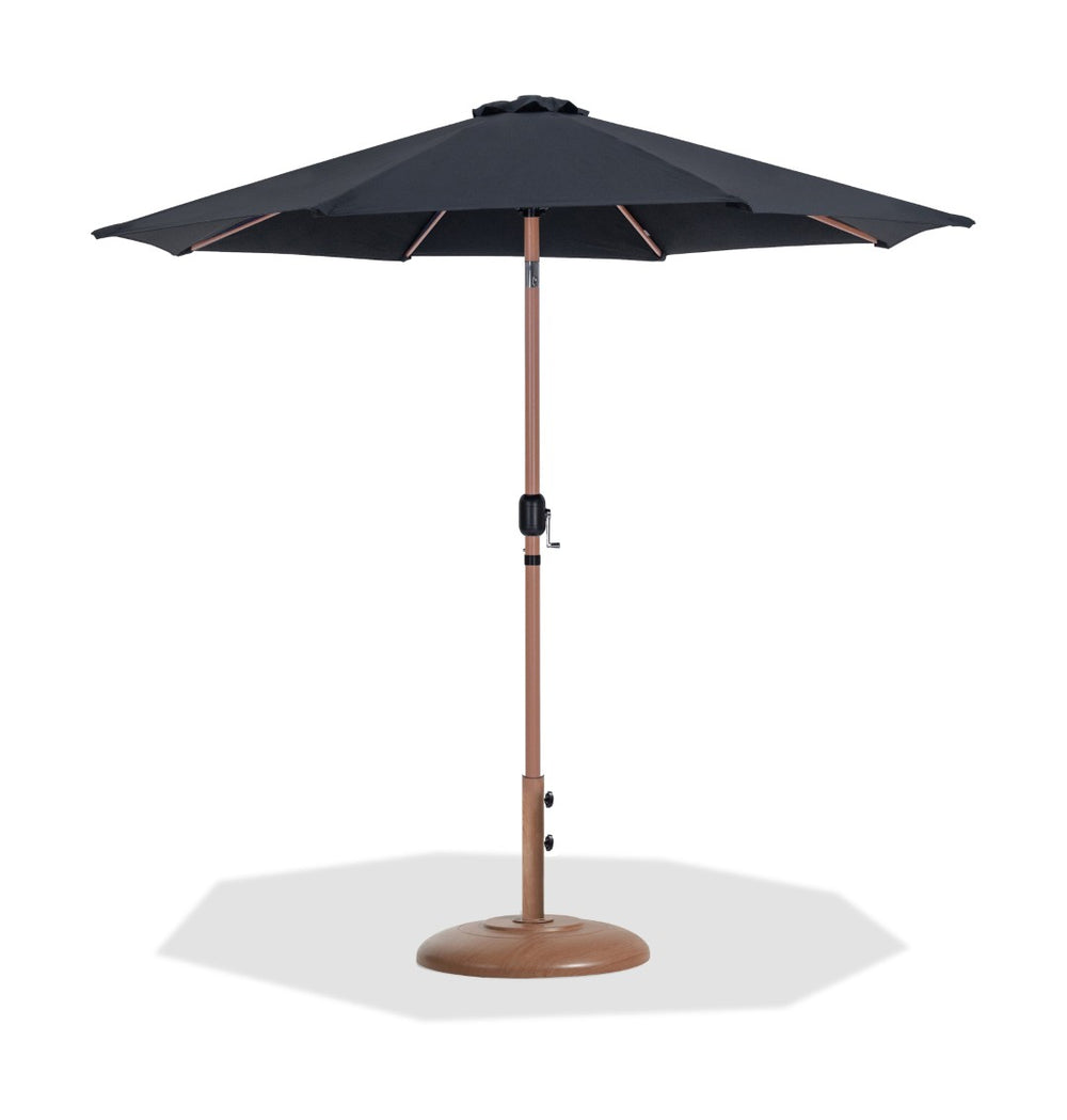 Meridian Furniture Fiji Outdoor Patio Umbrella with Base Water Resistant Polyester Canopy Teak Pole 55014Black-BT