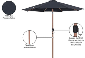 Meridian Furniture Fiji Outdoor Patio Umbrella with Uv Resistant Polyester Canopy and Teak Aluminum Pole Shade Black 55014 55014Black-U