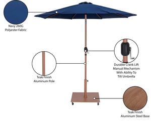 Meridian Furniture Fiji 9 Foot Outdoor Patio Umbrella with Teak Pole Navy Canopy and Rolling Base 55014Navy-AT