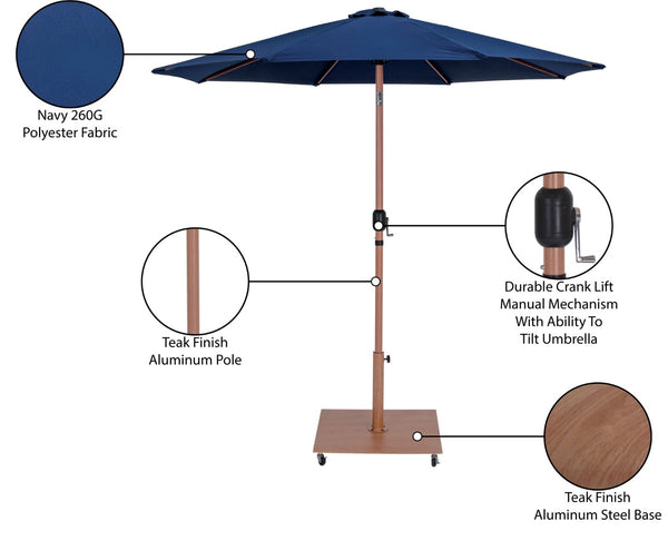 Meridian Furniture Fiji 9 Foot Outdoor Patio Umbrella with Teak Pole Navy Canopy and Rolling Base 55014Navy-AT