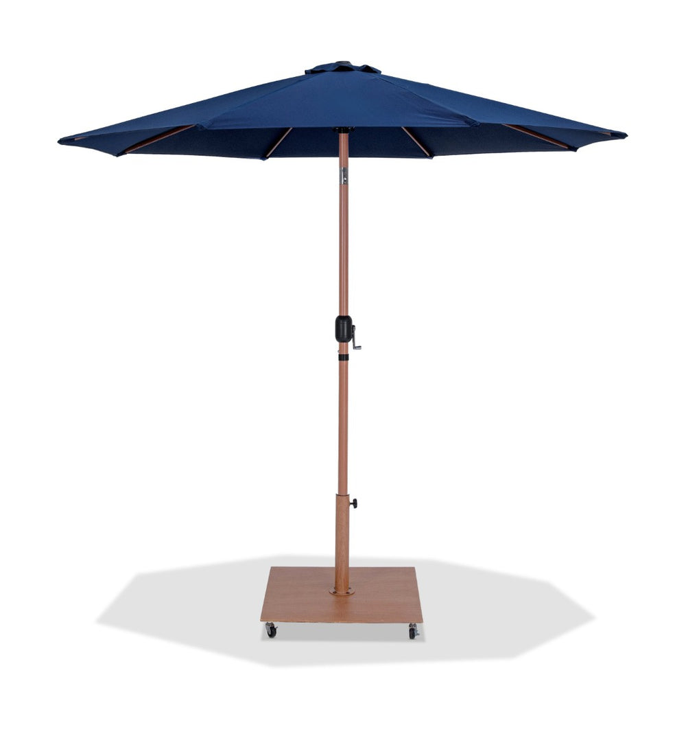 Meridian Furniture Fiji 9 Foot Outdoor Patio Umbrella with Teak Pole Navy Canopy and Rolling Base 55014Navy-AT