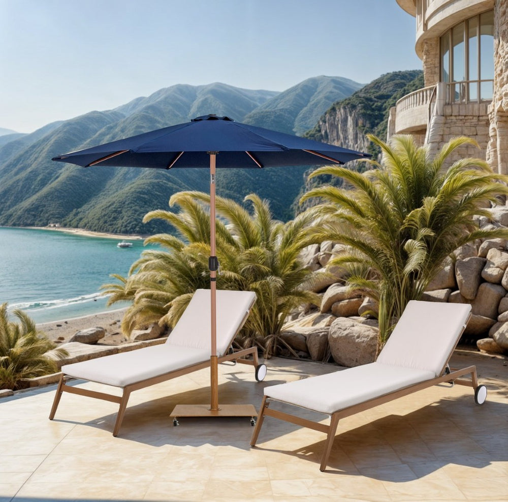 Meridian Furniture Fiji 9 Foot Outdoor Patio Umbrella with Teak Pole Navy Canopy and Rolling Base 55014Navy-AT