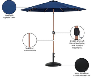 Meridian Furniture Fiji Outdoor Patio Umbrella with Base Uv Resistant Navy Polyester Teak Aluminum 55014Navy-BB