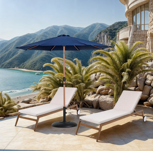 Meridian Furniture Fiji Outdoor Patio Umbrella with Base Uv Resistant Navy Polyester Teak Aluminum 55014Navy-BB