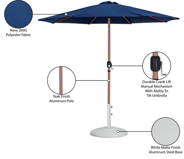 Meridian Furniture Fiji 9 Foot Resort Style Patio Umbrella with Teak Pole Fade Resistant Canopy 55014Navy-BW